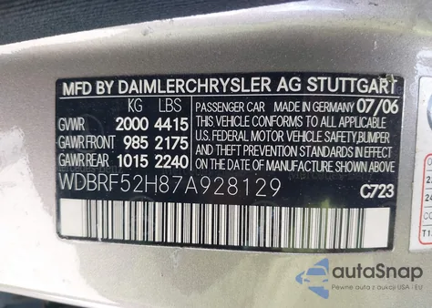 2007 Mercedes-Benz C 230 Sport from USA, damaged, VIN WDBRF52H87A928129